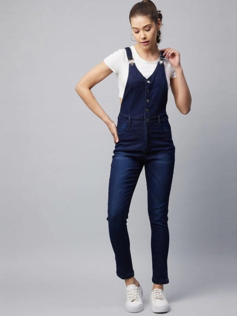 Generic Women's Denim Lycra Solid Buttoned Dungaree (Navy)