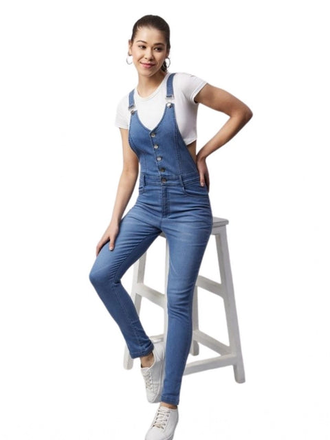 Generic Women's Denim Lycra Solid Buttoned Dungaree (Ice Blue)