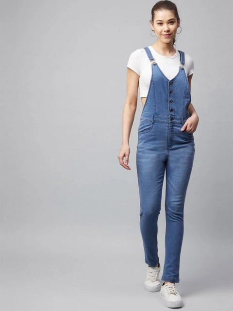 Generic Women's Denim Lycra Solid Buttoned Dungaree (Ice Blue)
