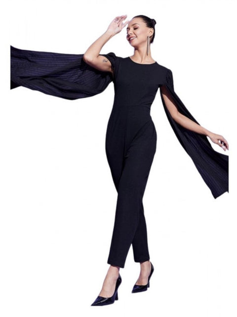 Generic Women's Polyeter Solid Cape Sleeve Jumpsuit (Black)