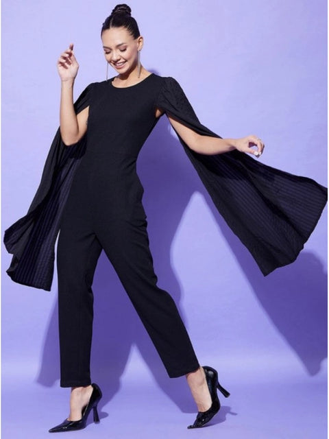Generic Women's Polyeter Solid Cape Sleeve Jumpsuit (Black)