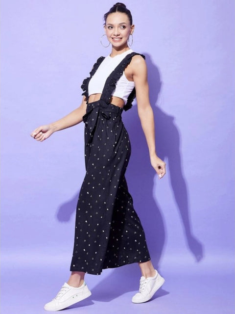 Generic Women's Rayon Pinafore Shoulder Straps Jumpsuit (Black)