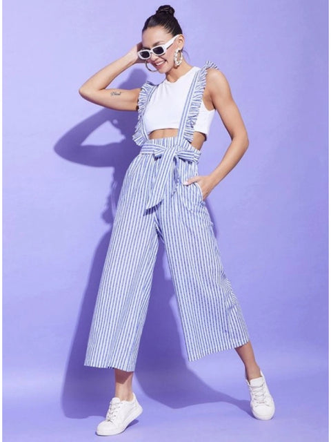 Generic Women's Cotton Pinafore Shoulder Straps Jumpsuit (Light Blue)