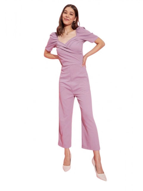 Generic Women's Polyester Lycra Solid Puff Sleeve Jumpsuit (Lavender)