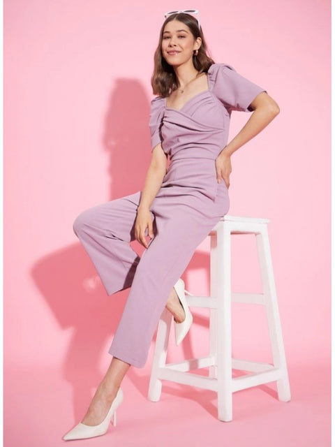 Generic Women's Polyester Lycra Solid Puff Sleeve Jumpsuit (Lavender)