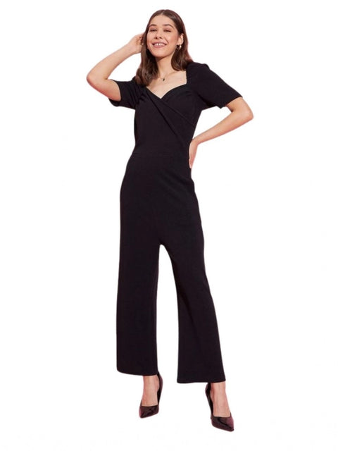 Generic Women's Polyester Lycra Solid Puff Sleeve Jumpsuit (Black)
