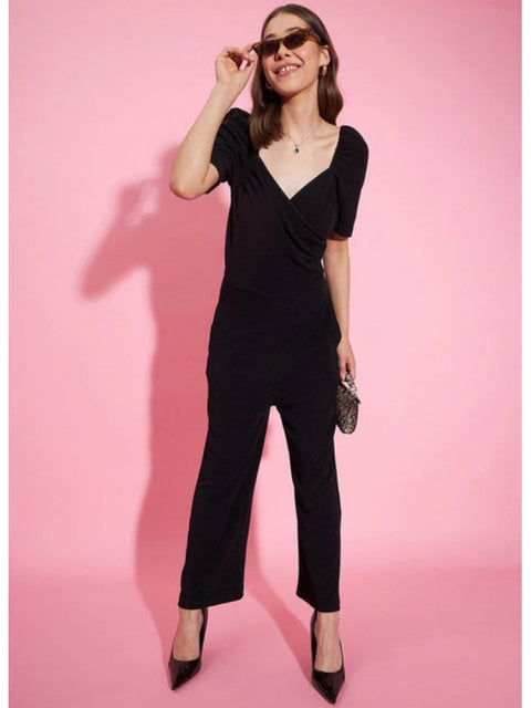 Generic Women's Polyester Lycra Solid Puff Sleeve Jumpsuit (Black)