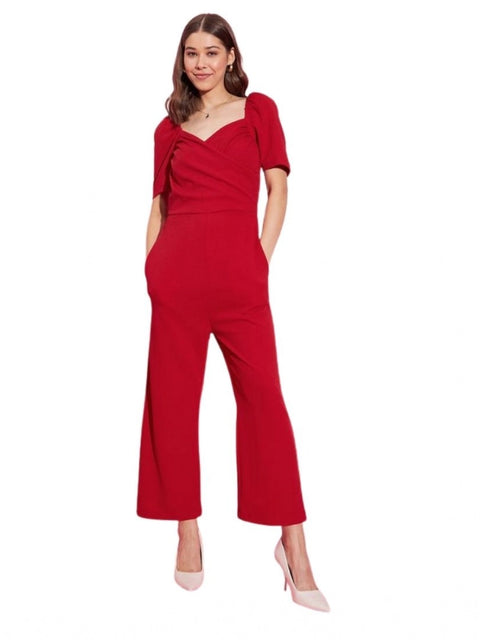 Generic Women's Polyester Lycra Solid Puff Sleeve Jumpsuit (Red)