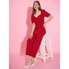 Generic Women's Polyester Lycra Solid Puff Sleeve Jumpsuit (Red)