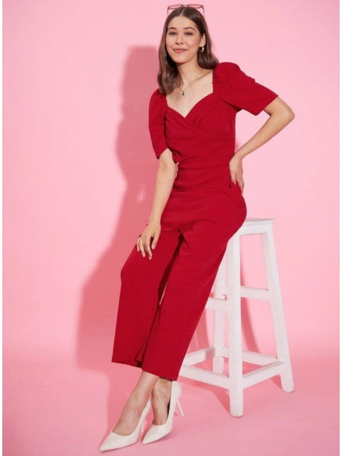 Generic Women's Polyester Lycra Solid Puff Sleeve Jumpsuit (Red)