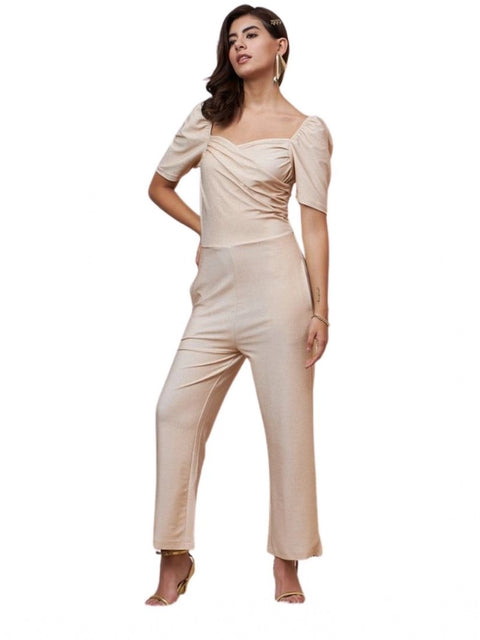 Generic Women's Polyester Shimmer Self Design Short Sleeve Jumpsuit (Gold)