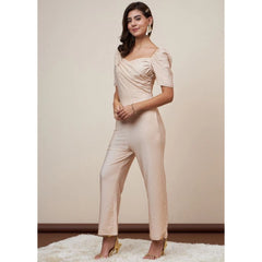 Generic Women's Polyester Shimmer Self Design Short Sleeve Jumpsuit (Gold)