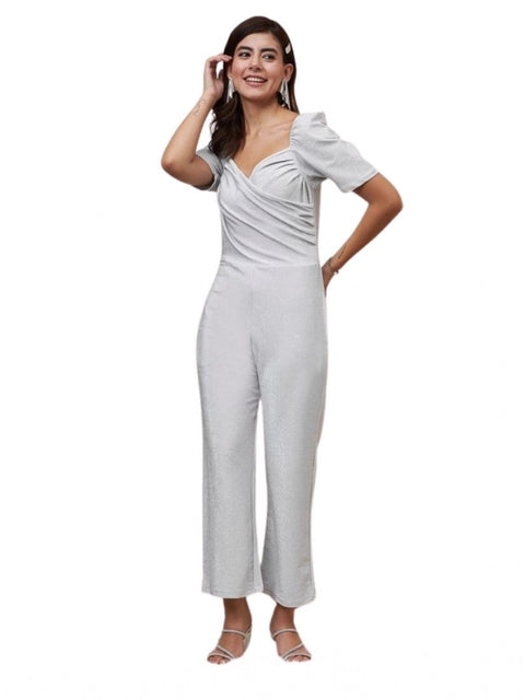 Generic Women's Polyester Shimmer Self Design Short Sleeve Jumpsuit (Silver)