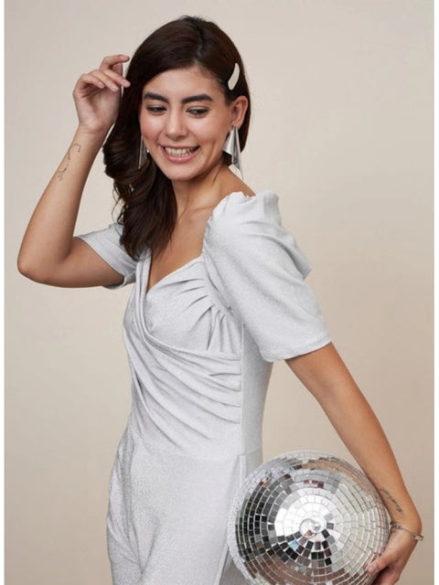 Generic Women's Polyester Shimmer Self Design Short Sleeve Jumpsuit (Silver)