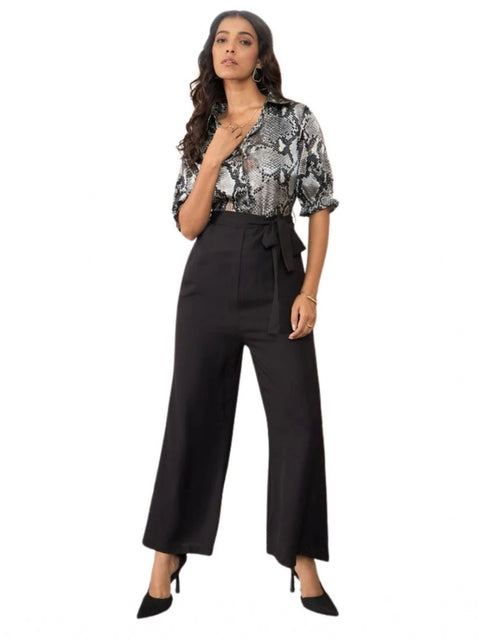 Generic Women's Satin And Polyester Floral Half Sleeves Jumpsuit (Grey - Black)