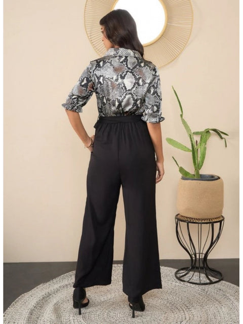 Generic Women's Satin And Polyester Floral Half Sleeves Jumpsuit (Grey - Black)
