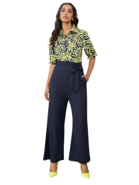 Generic Women's Polyester Floral Half Sleeves Jumpsuit (Navy - Yellow)