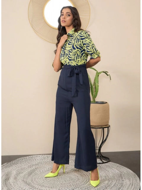Generic Women's Polyester Floral Half Sleeves Jumpsuit (Navy - Yellow)