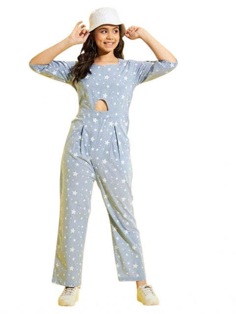 Generic Girl's Cotton Printed 3-4th Sleeve Jumpsuit (Blue - White)