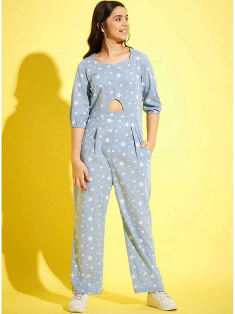 Generic Girl's Cotton Printed 3-4th Sleeve Jumpsuit (Blue - White)