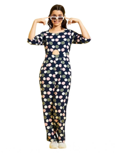 Generic Girl's Cotton Polka 3-4th Sleeve Jumpsuit (Multicolor)