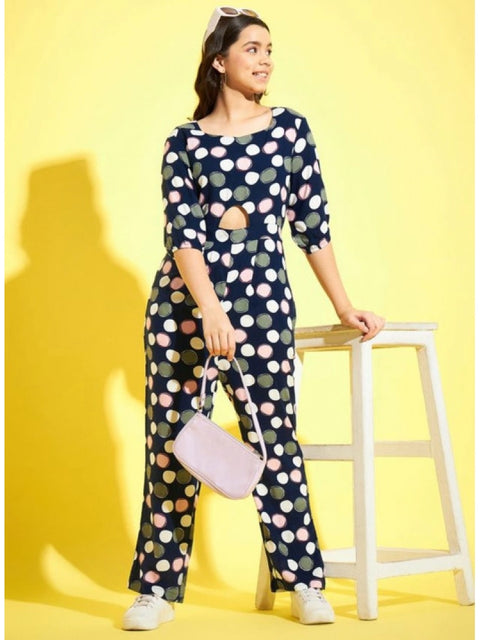 Generic Girl's Cotton Polka 3-4th Sleeve Jumpsuit (Multicolor)