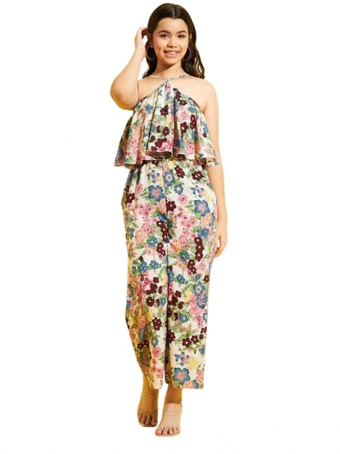 Generic Girl's Polyester Crepe Floral Sleeveless Jumpsuit (Multicolor)