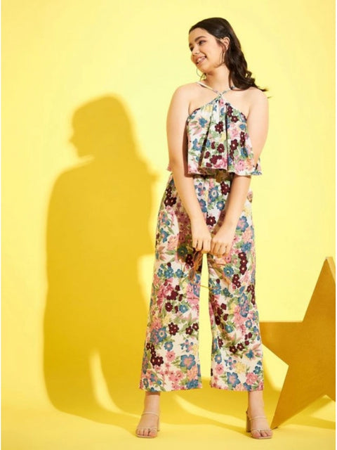 Generic Girl's Polyester Crepe Floral Sleeveless Jumpsuit (Multicolor)