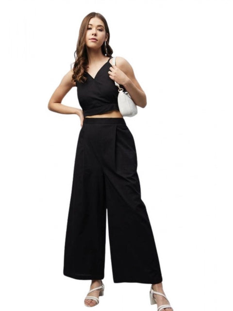 Generic Women's Cotton Linen Solid Sleeveless Crop Top and Palazzo Set (Black)