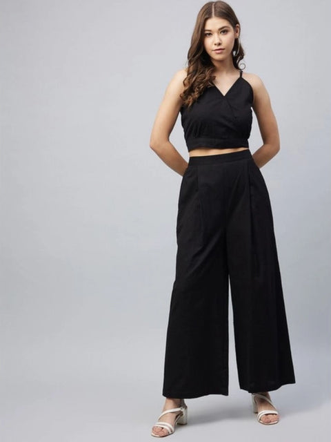 Generic Women's Cotton Linen Solid Sleeveless Crop Top and Palazzo Set (Black)