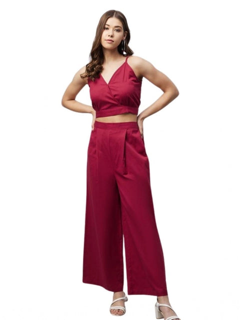 Generic Women's Cotton Linen Solid Sleeveless Crop Top and Palazzo Set (Maroon)