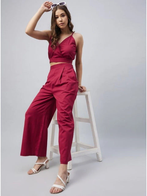 Generic Women's Cotton Linen Solid Sleeveless Crop Top and Palazzo Set (Maroon)