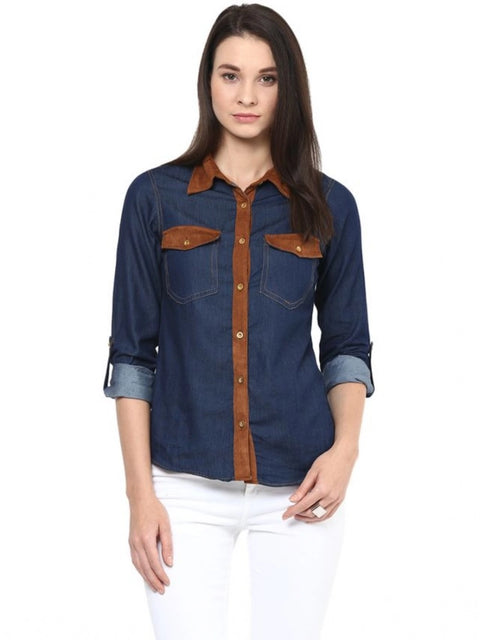 Generic Women's Denim Cotton based Solid Long Sleeves Shirt (Blue)