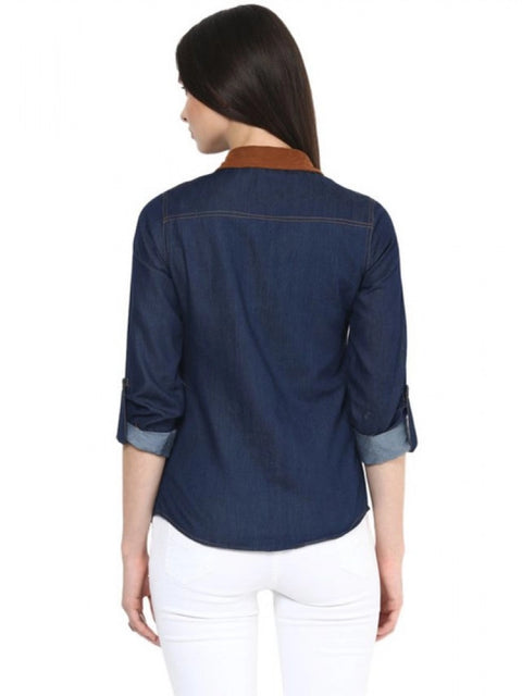 Generic Women's Denim Cotton based Solid Long Sleeves Shirt (Blue)