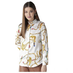 Generic Women's Satin Printed Long Sleeves Shirt (White-Gold)