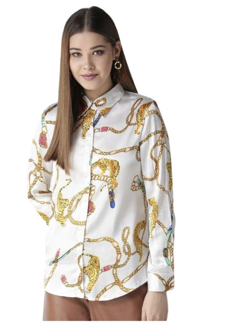 Generic Women's Satin Printed Long Sleeves Shirt (White-Gold)