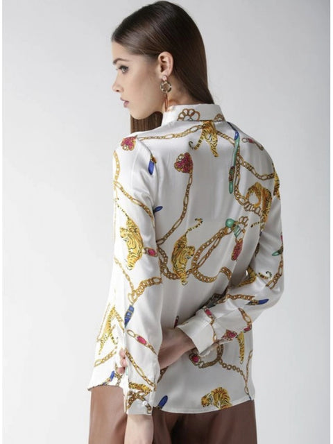 Generic Women's Satin Printed Long Sleeves Shirt (White-Gold)