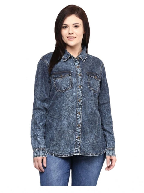 Generic Women's Denim Solid Long Sleeves Shirt (Blue)