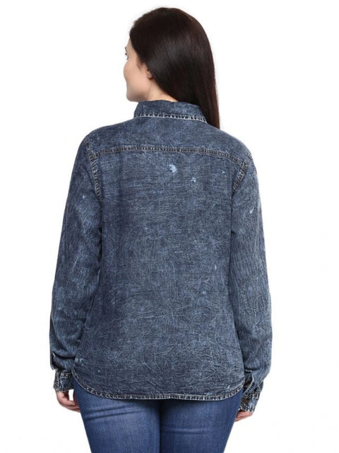 Generic Women's Denim Solid Long Sleeves Shirt (Blue)