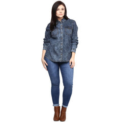 Generic Women's Denim Solid Long Sleeves Shirt (Blue)
