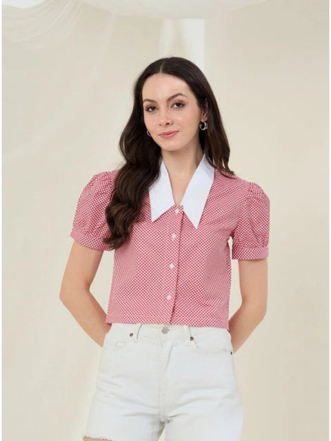 Generic Women's Cotton Checkered Half Sleeve Shirt (Red - White)