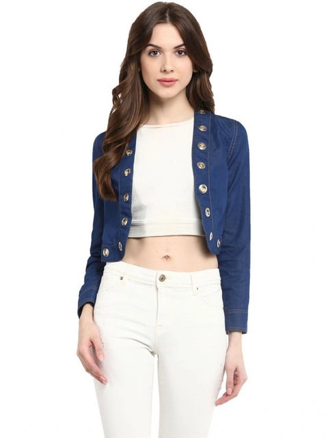Generic Women's Denim Embellished Long Sleeves Shrug (Blue)