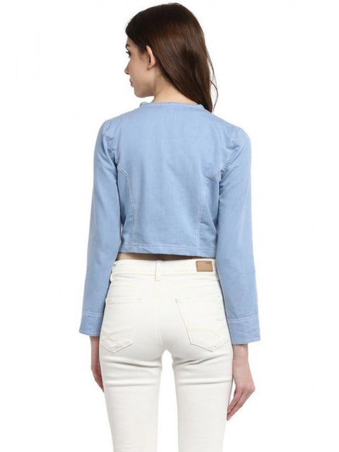 Generic Women's Denim Ruffled Long Sleeves Shrug (Blue)