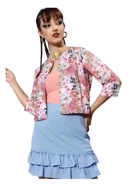 Generic Women's Polyester Floral 3-4th Sleeves Shrug (Peach)