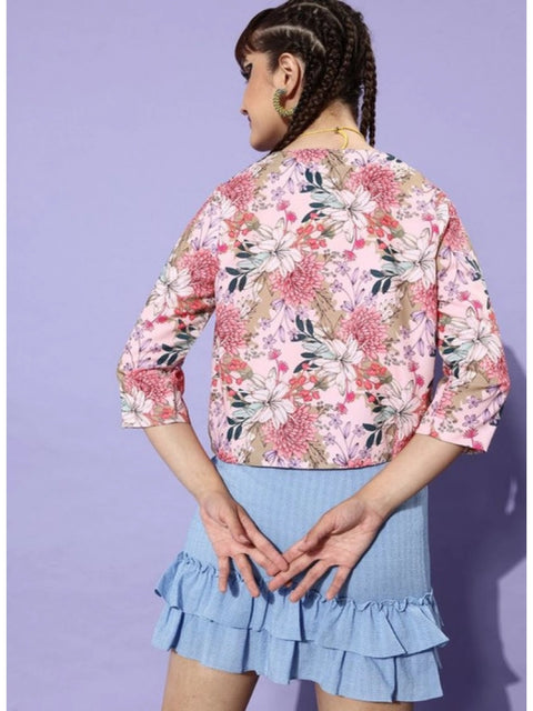 Generic Women's Polyester Floral 3-4th Sleeves Shrug (Peach)