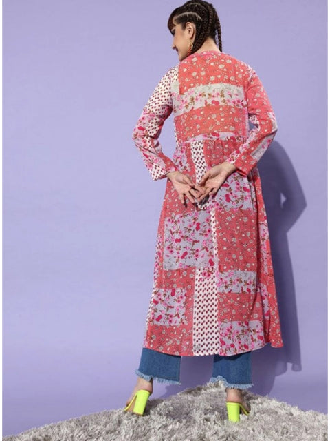 Generic Women's Polyester Floral Long Sleeves Shrug (Pink-Coral)