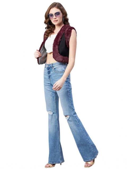 Generic Women's Denim And Fur Solid Sleeveless Shrug (Black - Maroon)