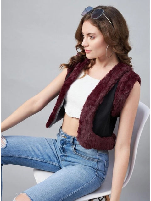 Generic Women's Denim And Fur Solid Sleeveless Shrug (Black - Maroon)