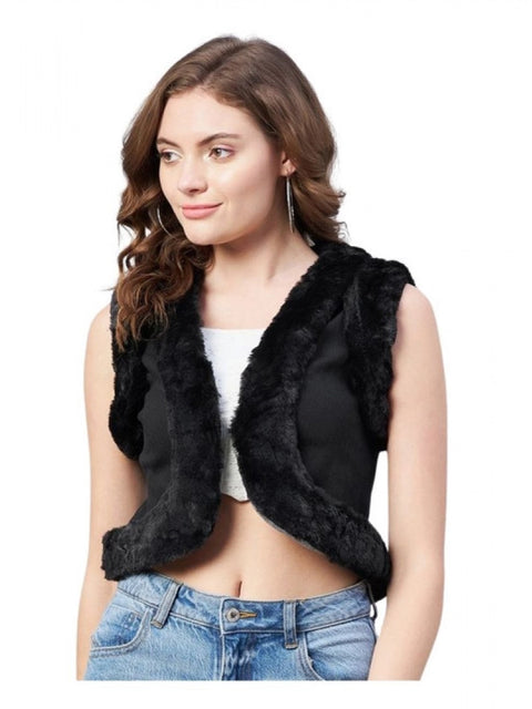 Generic Women's Denim And Fur Solid Sleeveless Shrug (Black)