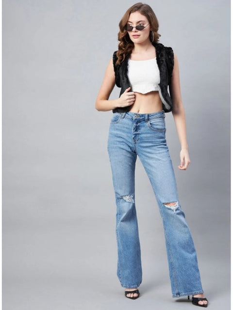 Generic Women's Denim And Fur Solid Sleeveless Shrug (Black)